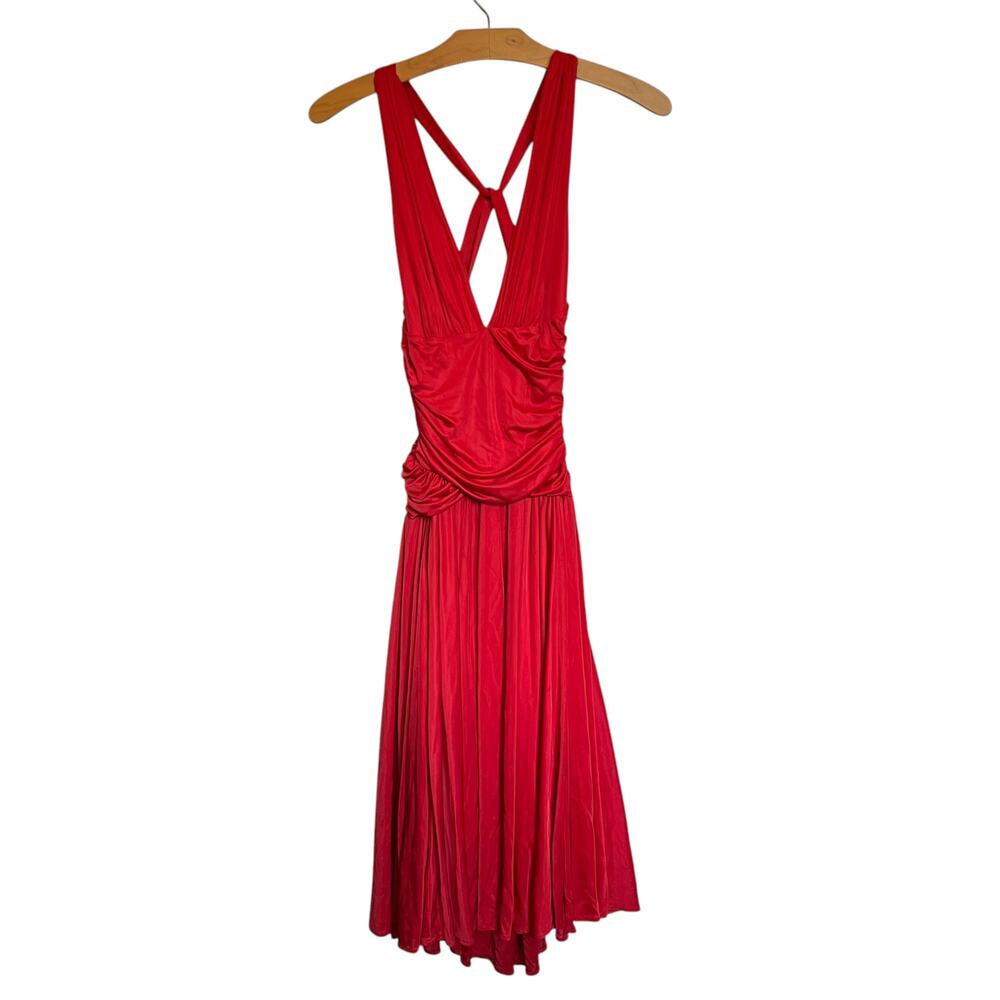 Y2K MNG Suit Halter Ruched Ruffle Slinky Mini Dress Twist Open Back Red Size S